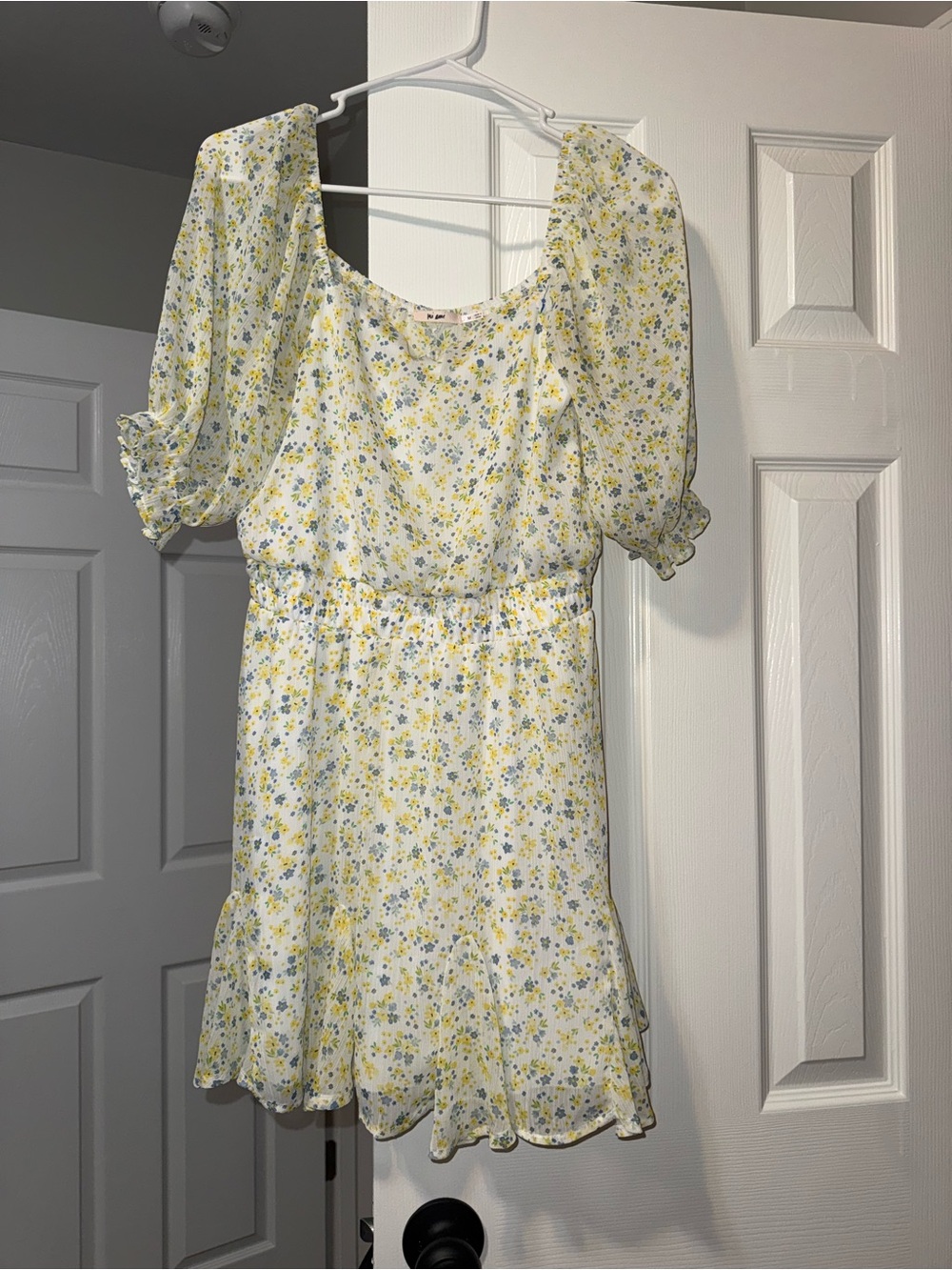 miami Yellow & Blue Floral Puff-Sleeve Mini Dress